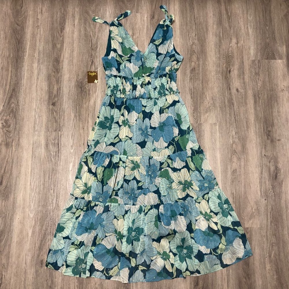 Nwt Taylor Midi Dress Women’s Size 6 Tiered Ruffle Blue Green Floral Metallic — image 4 of 8